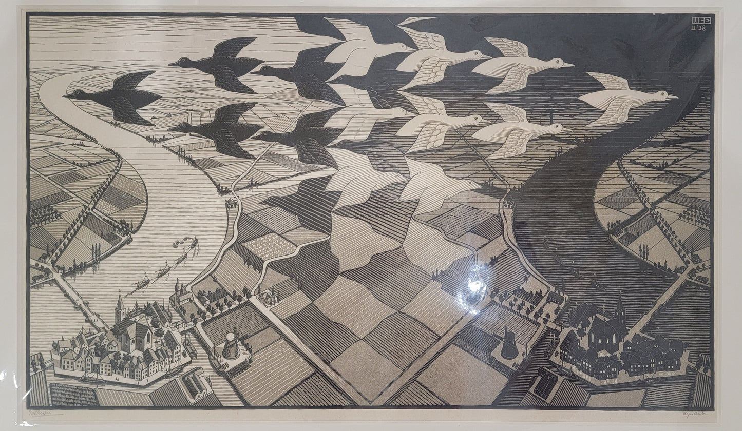 Day and Night Original MC Escher Woodcut Signed, Front Print